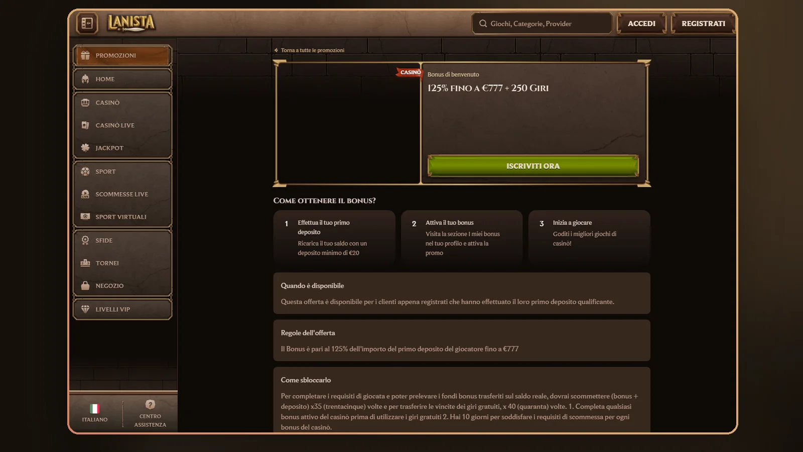 La pagina Promozioni con il bonus 125% fino a €777 + 250 Giri e i tre passi per ottenerlo